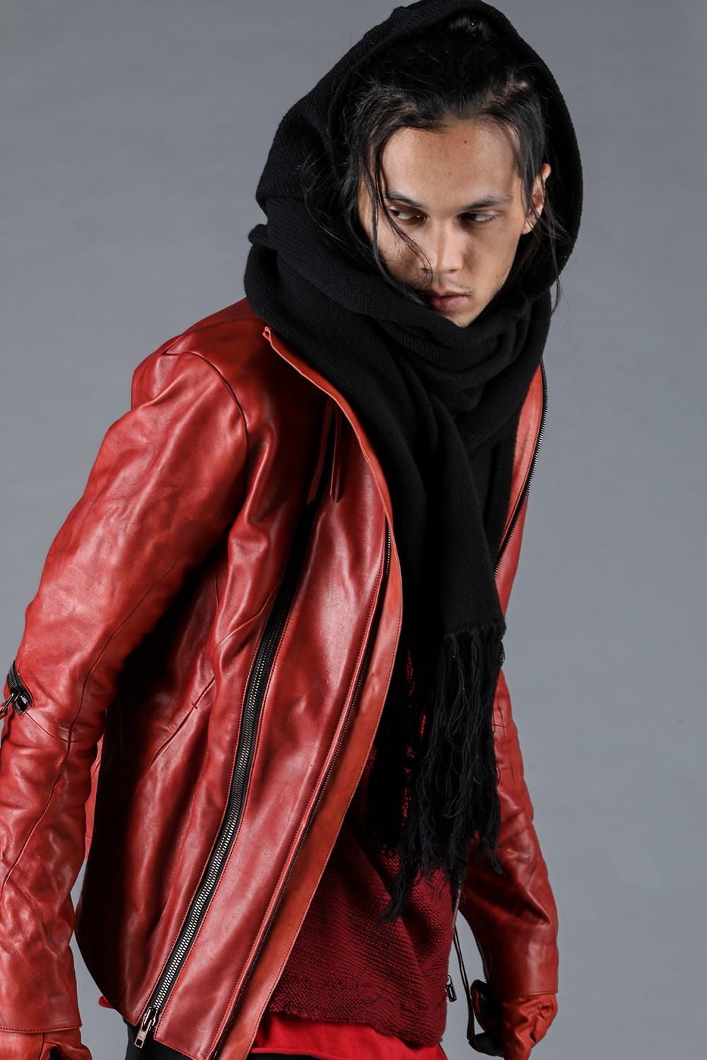 ホースレザーグローブアタッチドデュアルジップハイネックジャケット レッド