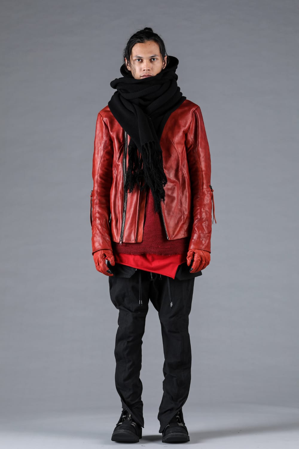 ホースレザーグローブアタッチドデュアルジップハイネックジャケット レッド