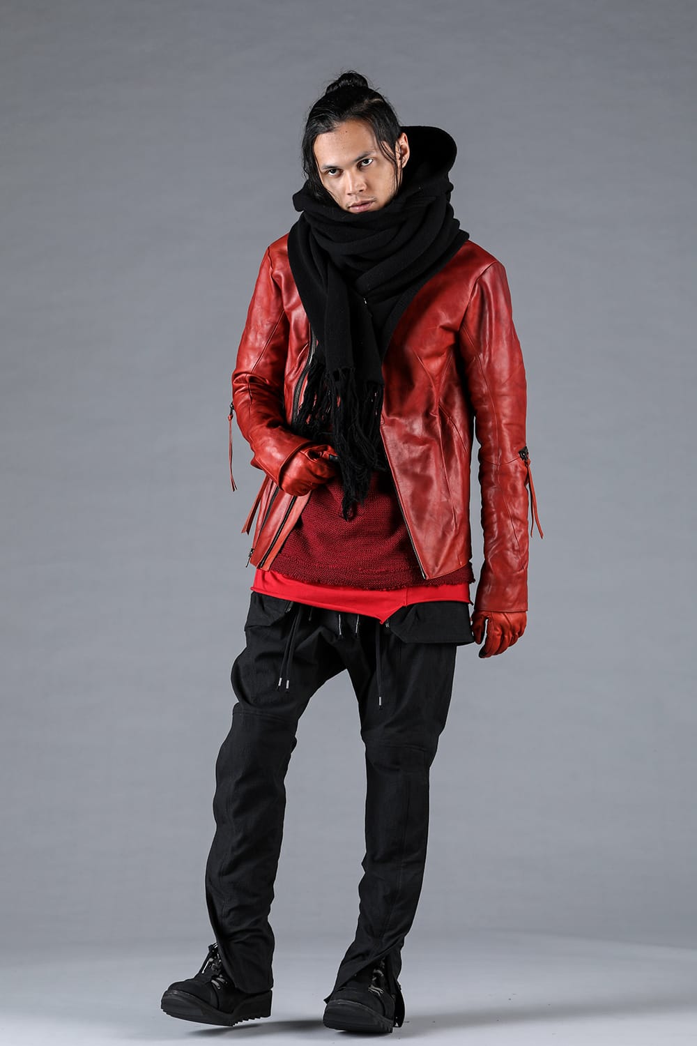 ホースレザーグローブアタッチドデュアルジップハイネックジャケット レッド