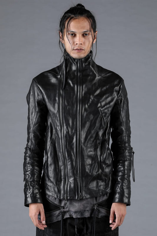 Horse Leather Dual Zip High Neck Jacket Black