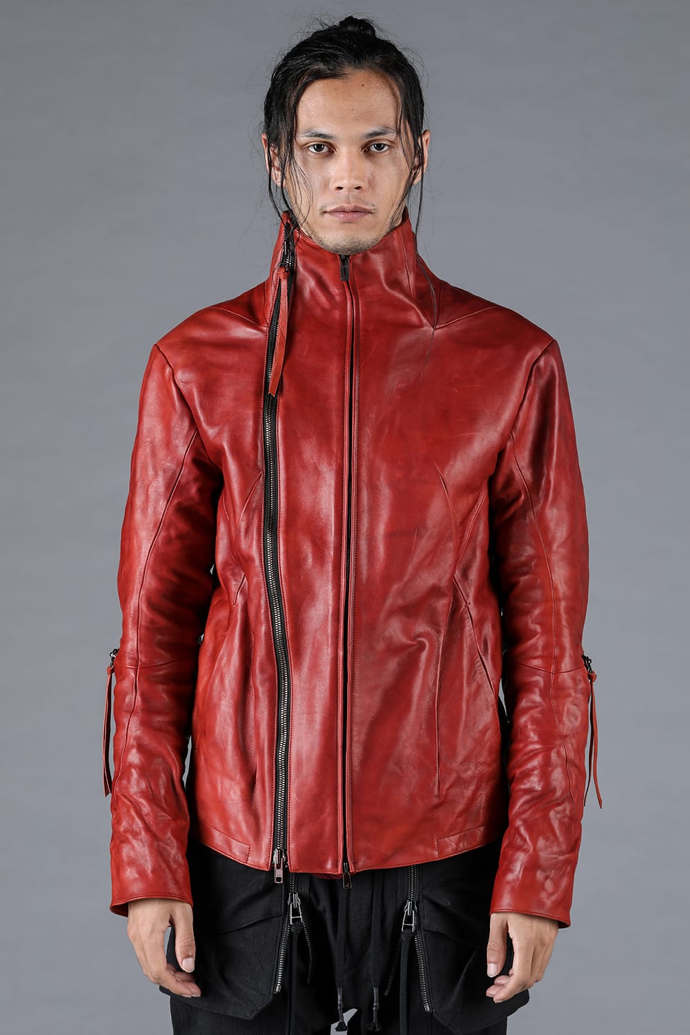 Horse Leather Dual Zip High Neck Jacket Red