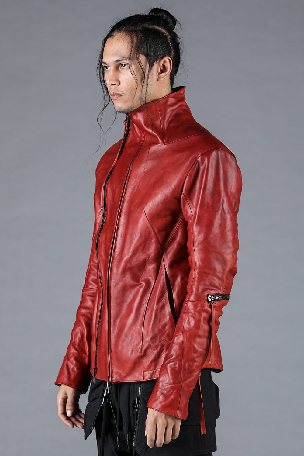Horse Leather Dual Zip High Neck Jacket Red