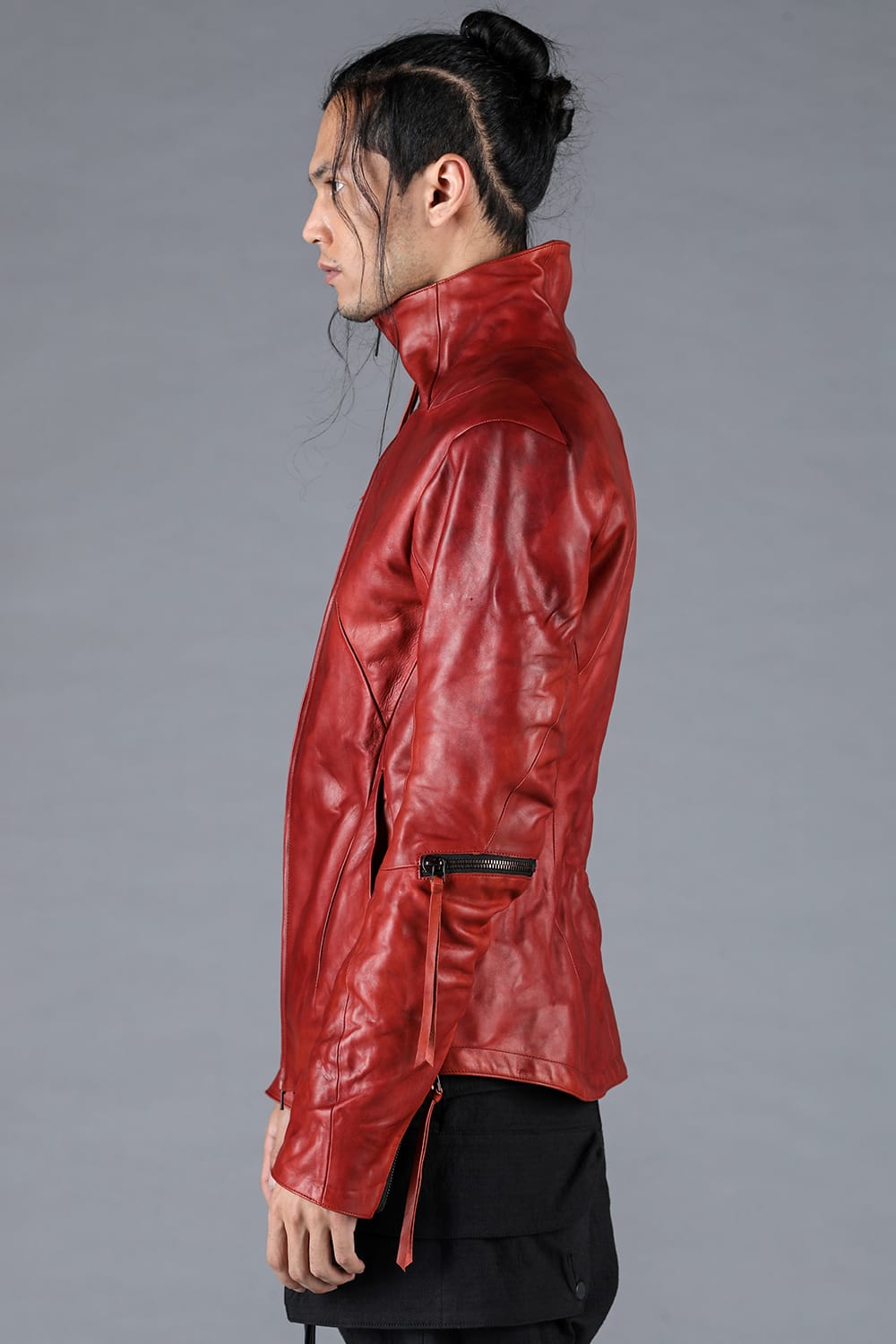 Horse Leather Dual Zip High Neck Jacket Red