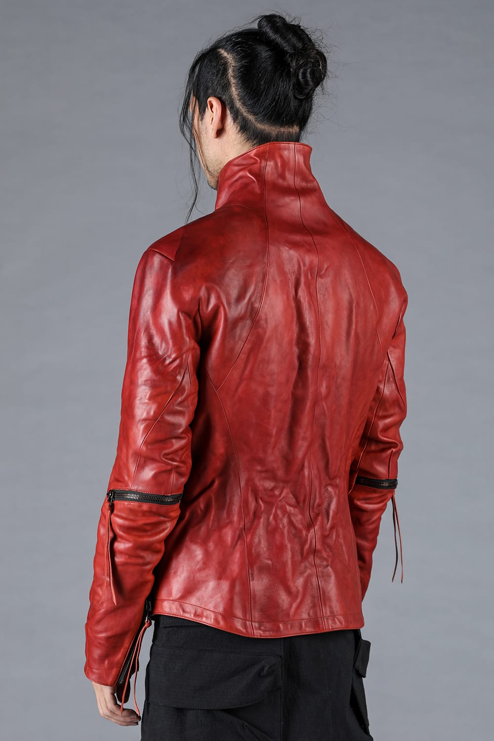 Horse Leather Dual Zip High Neck Jacket Red