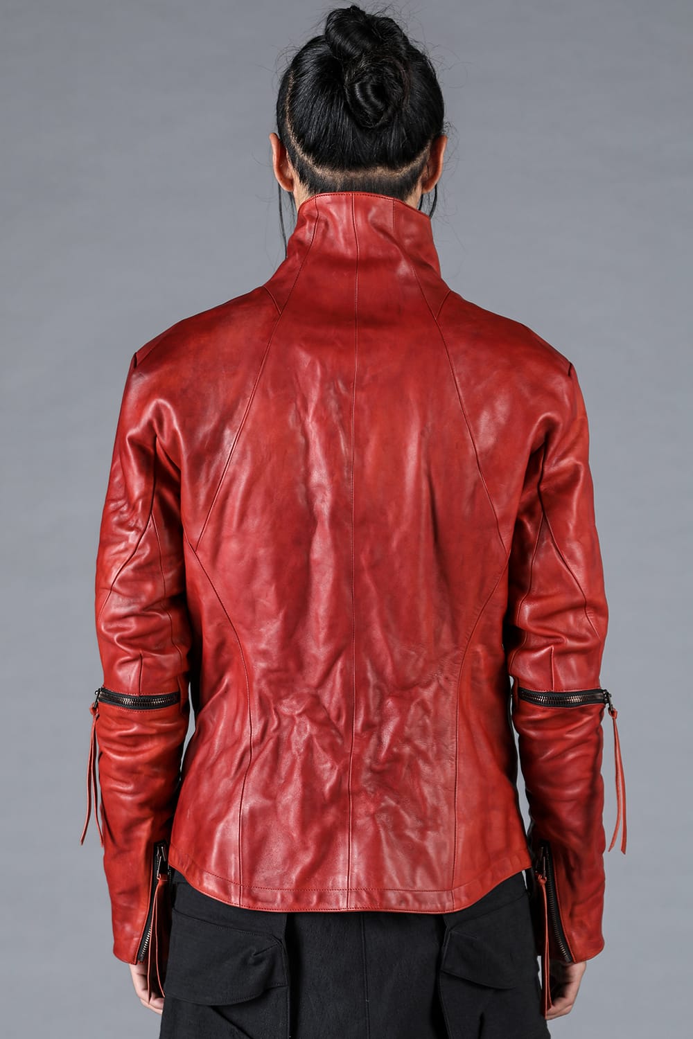 Horse Leather Dual Zip High Neck Jacket Red