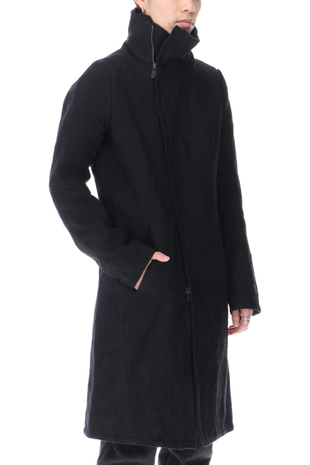 Jute Cotton Military twill High neck coat Black