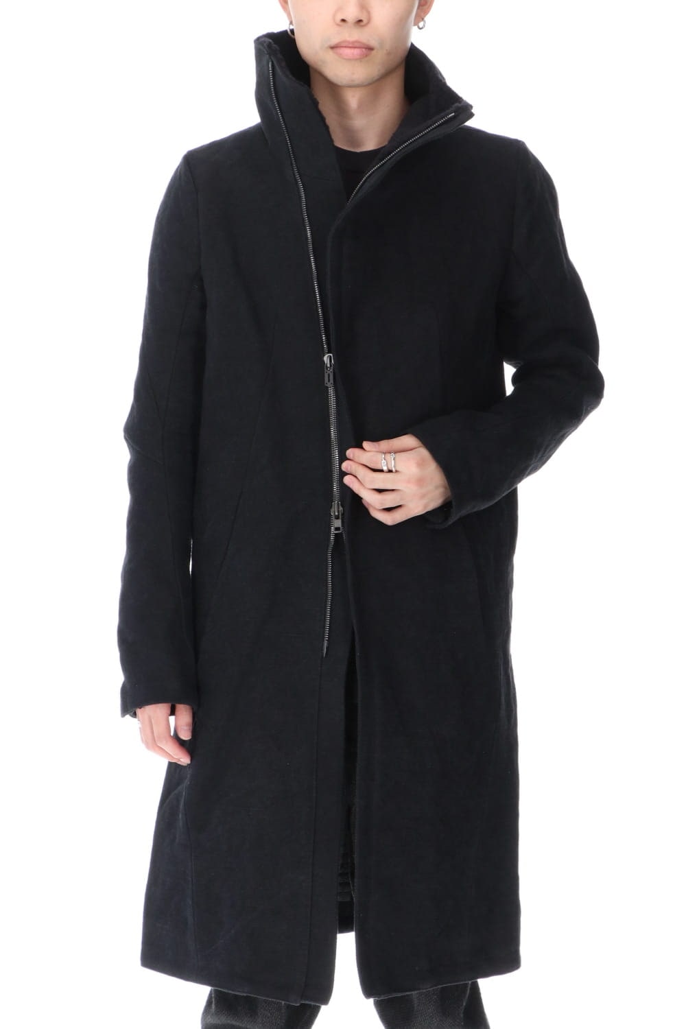 Jute Cotton Military twill High neck coat Black