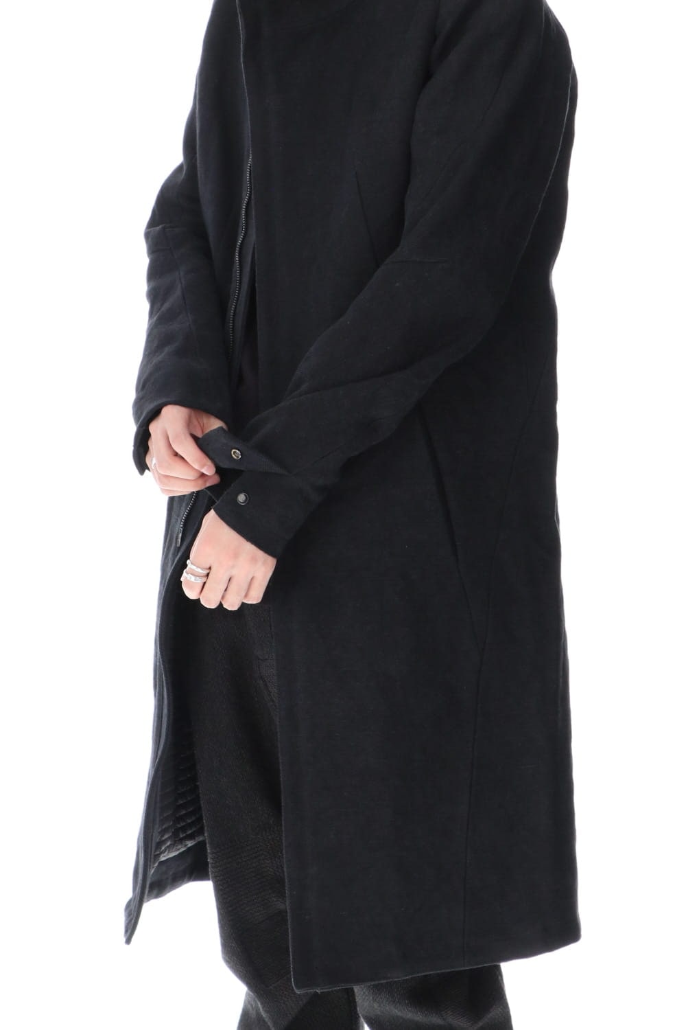 Jute Cotton Military twill High neck coat Black