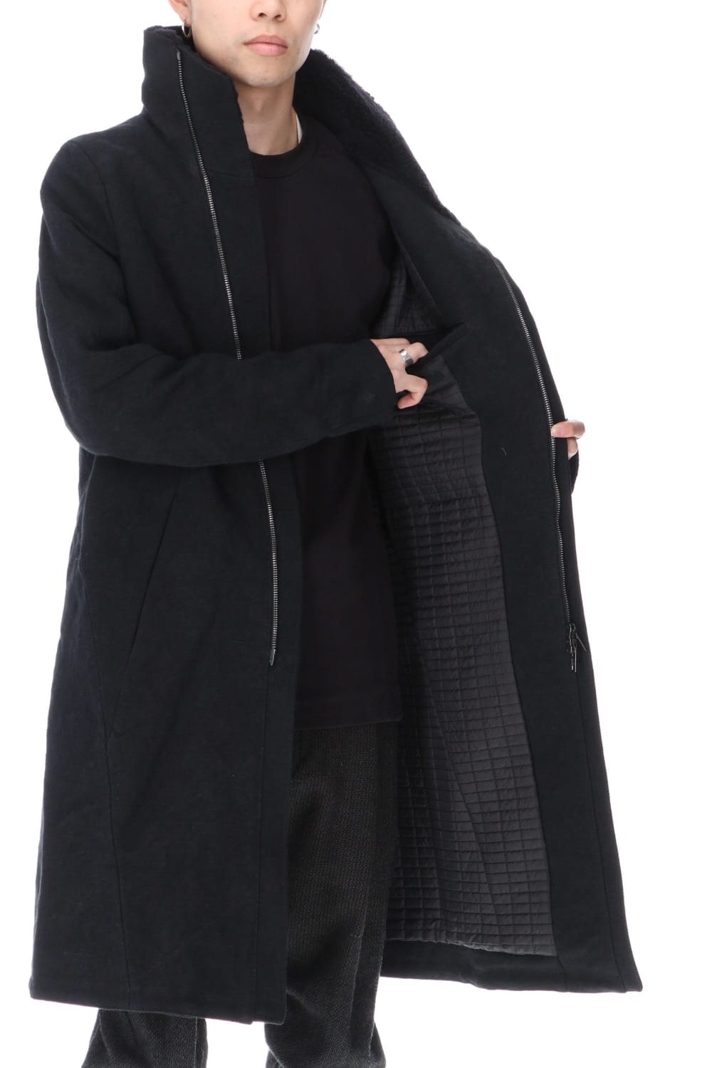 Jute Cotton Military twill High neck coat Black