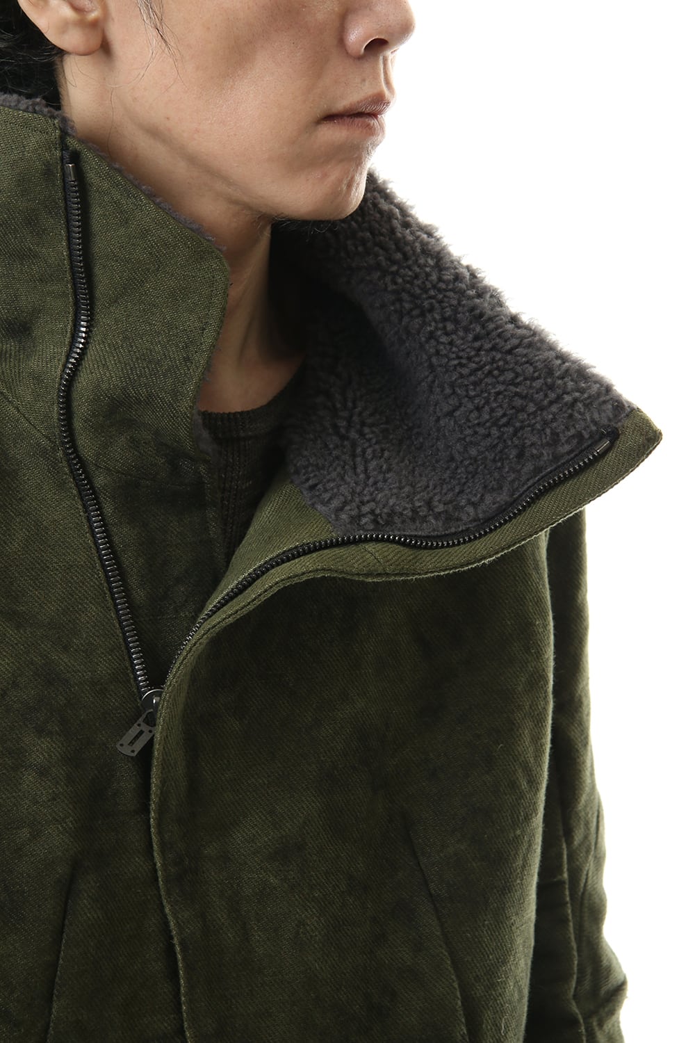 Jute Cotton Military twill High neck coat Khaki