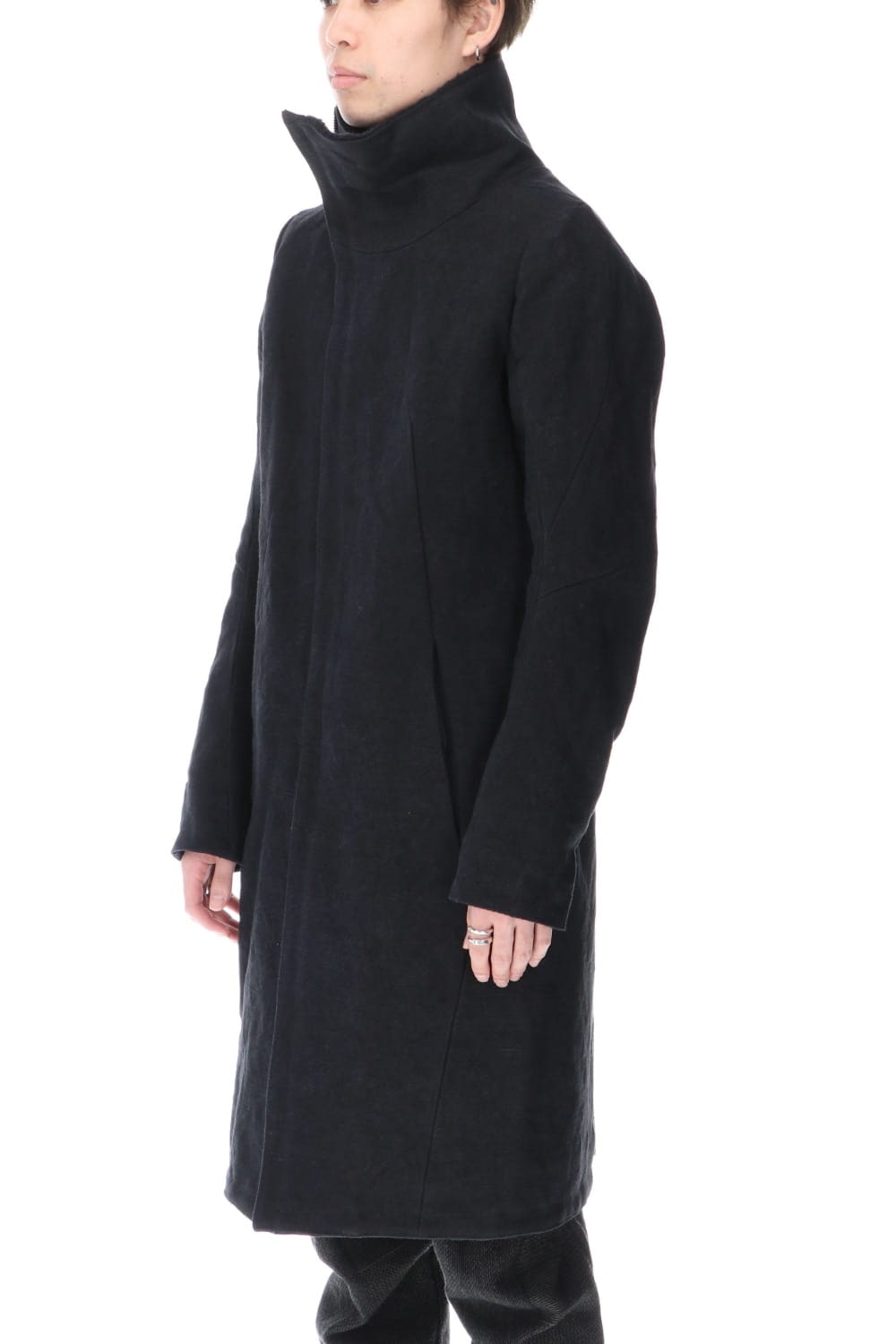 Jute Cotton Military twill High neck coat Black