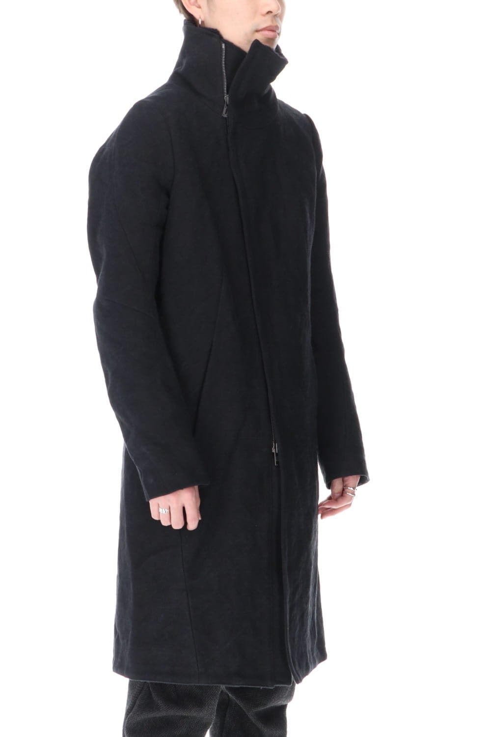 Jute Cotton Military twill High neck coat Black