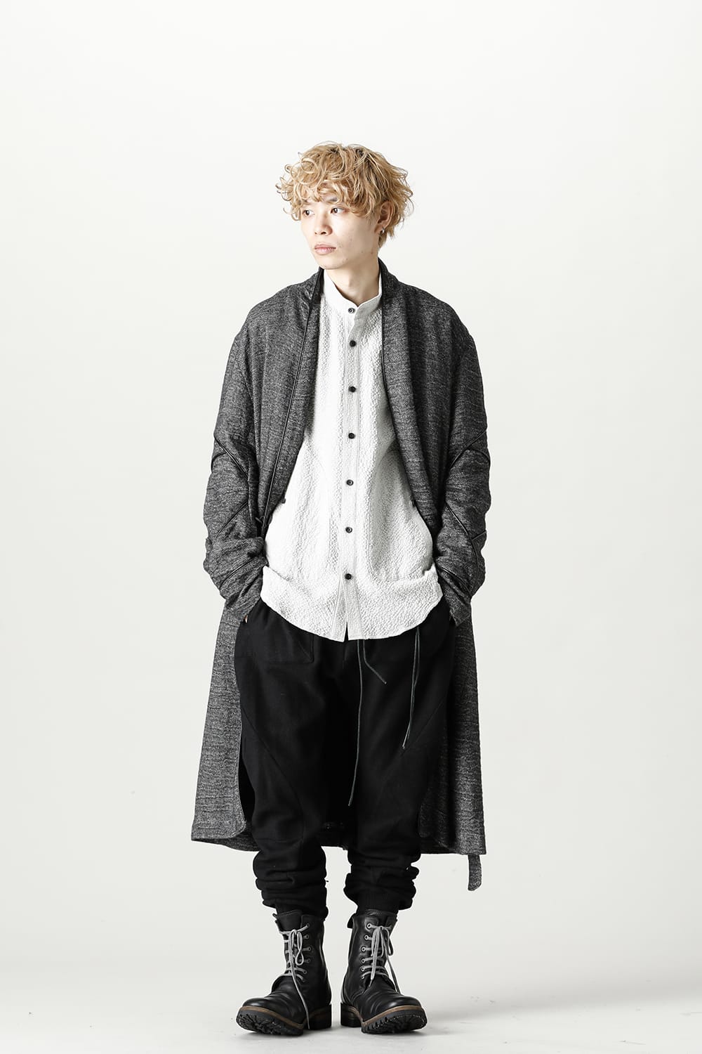 リネン×ラミー×ウールワッシャーロングガウンコート ブラック