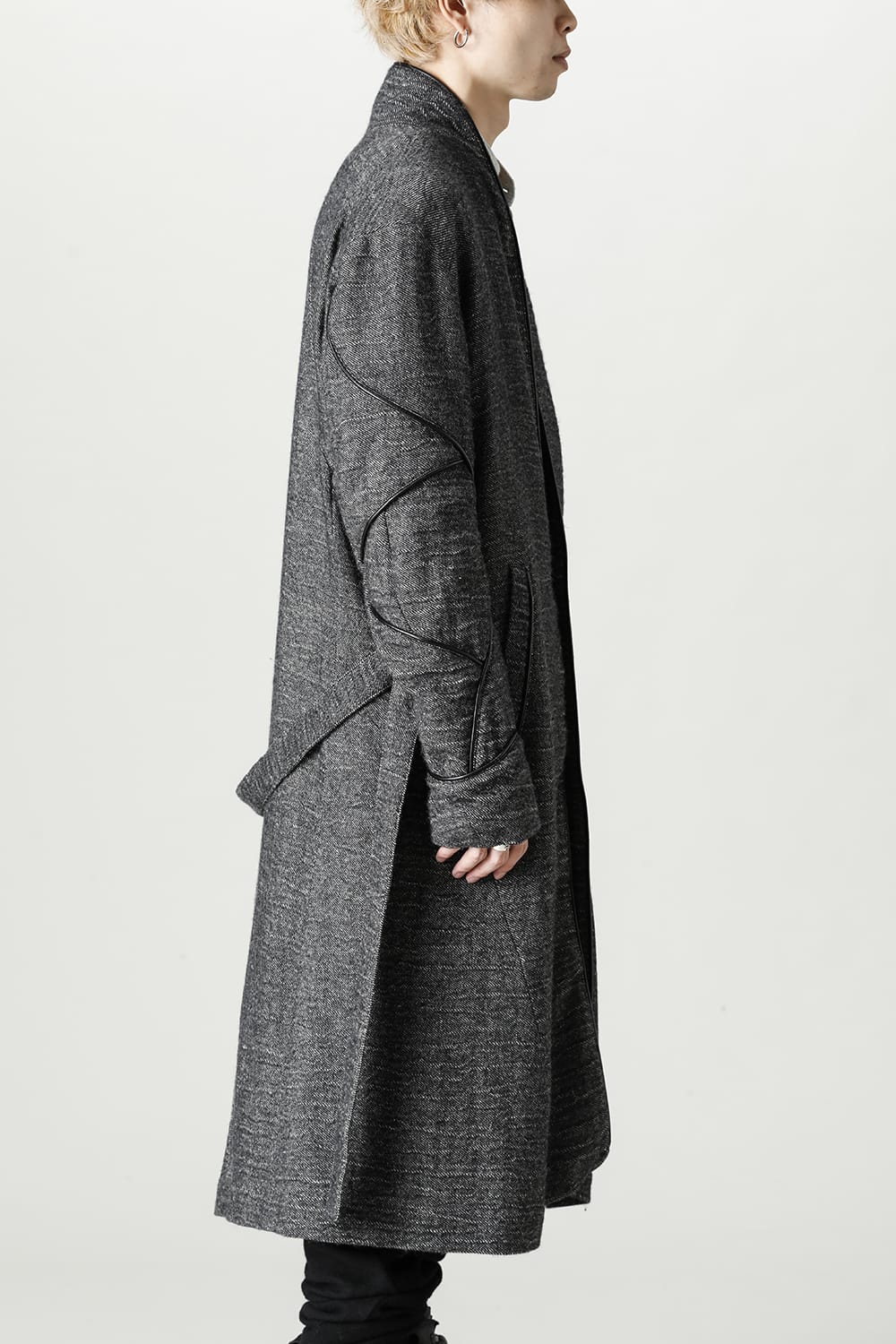 リネン×ラミー×ウールワッシャーロングガウンコート ブラック
