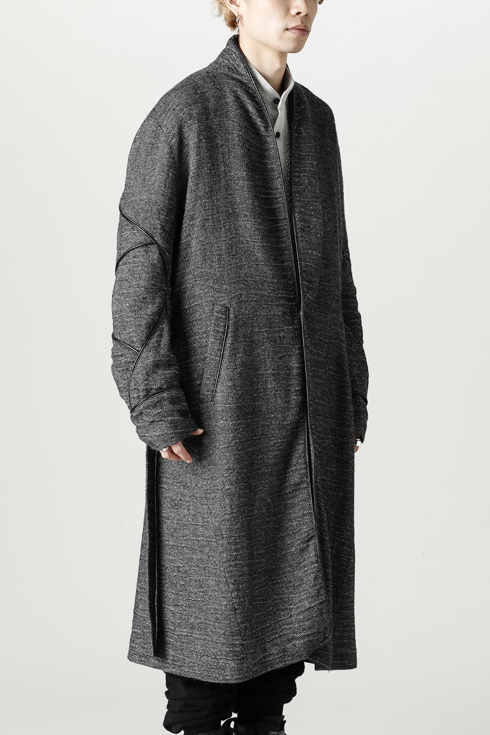 リネン×ラミー×ウールワッシャーロングガウンコート ブラック