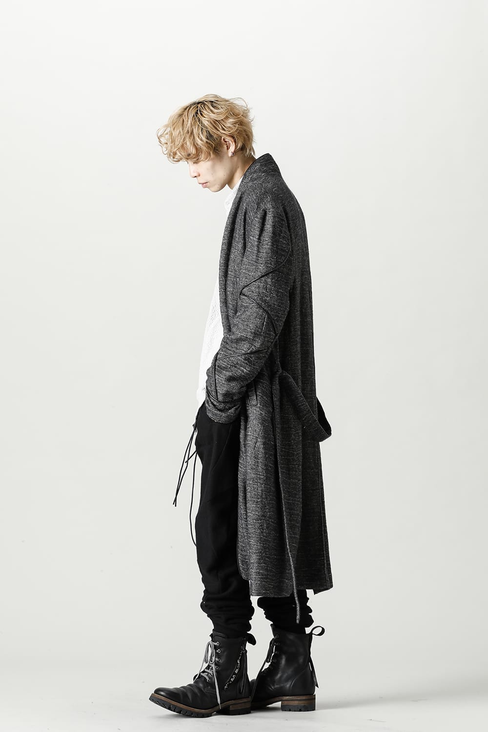 リネン×ラミー×ウールワッシャーロングガウンコート ブラック