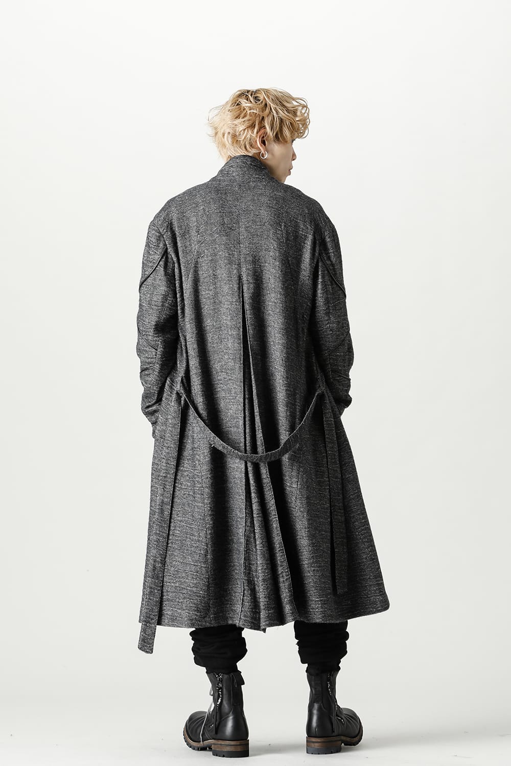 リネン×ラミー×ウールワッシャーロングガウンコート ブラック