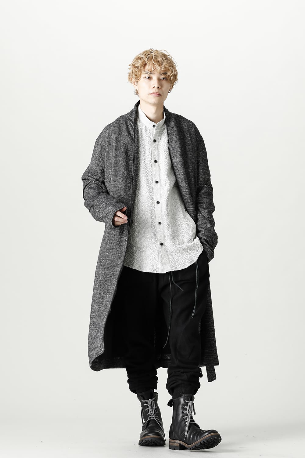 リネン×ラミー×ウールワッシャーロングガウンコート ブラック