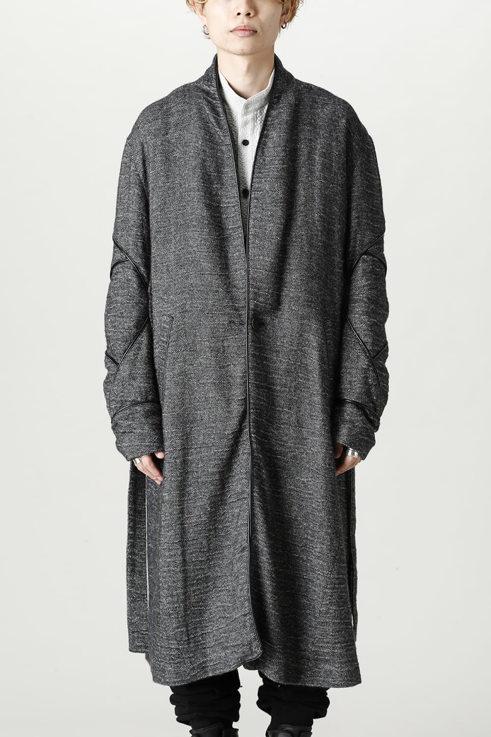 リネン×ラミー×ウールワッシャーロングガウンコート ブラック