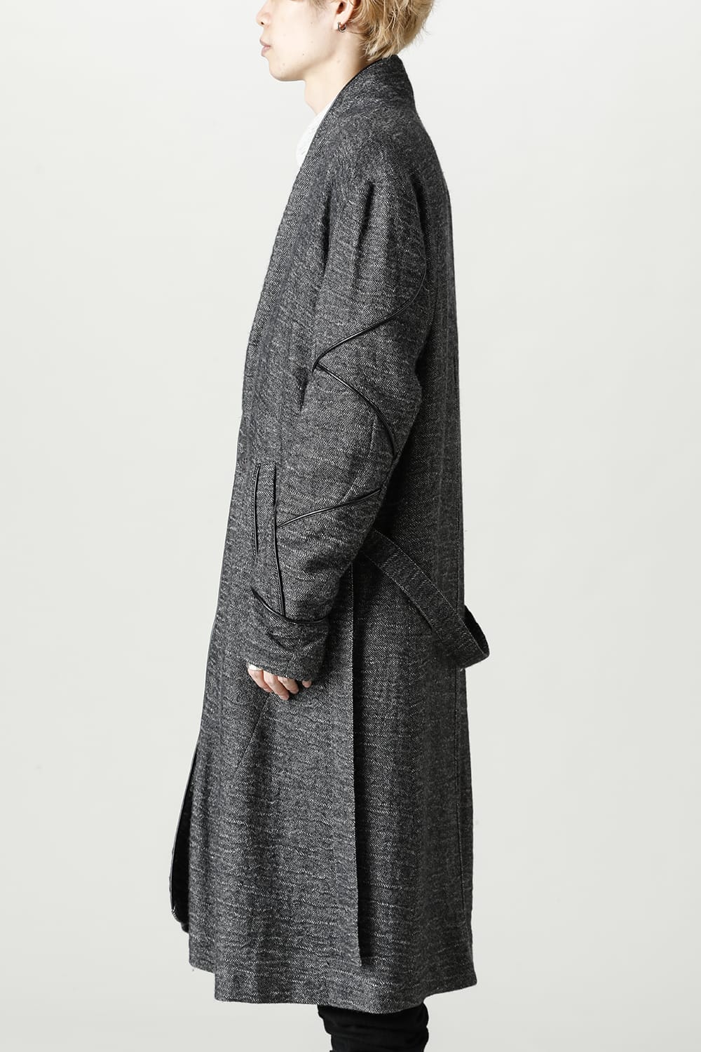 リネン×ラミー×ウールワッシャーロングガウンコート ブラック