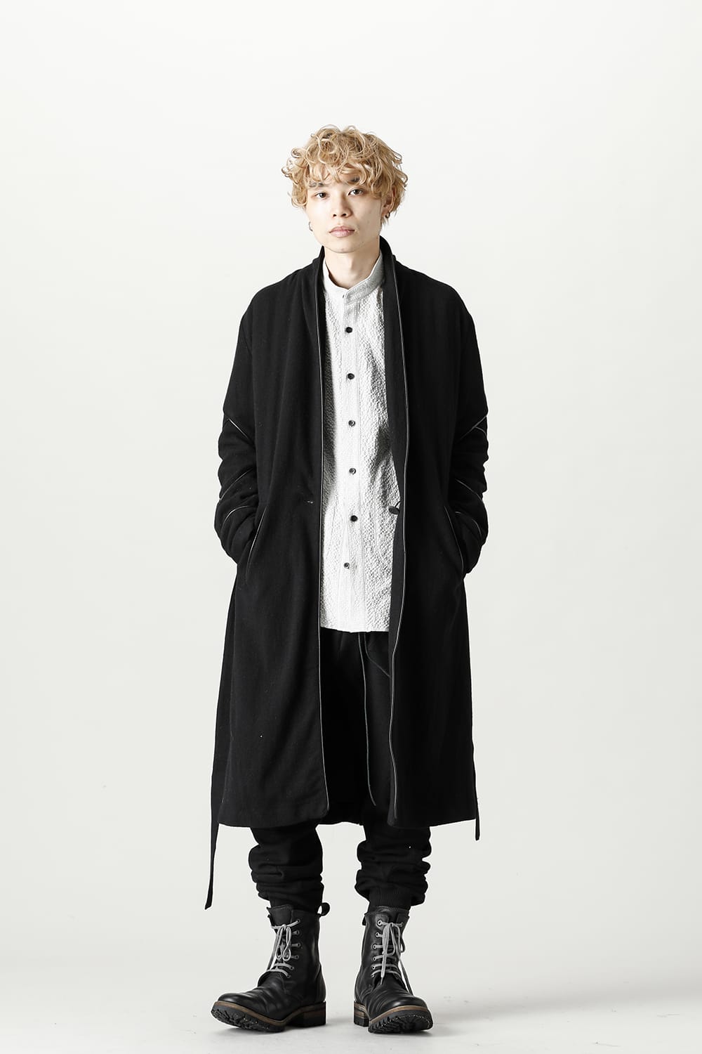 リネン×ラミー×ウールワッシャーロングガウンコート ソリッド ブラック