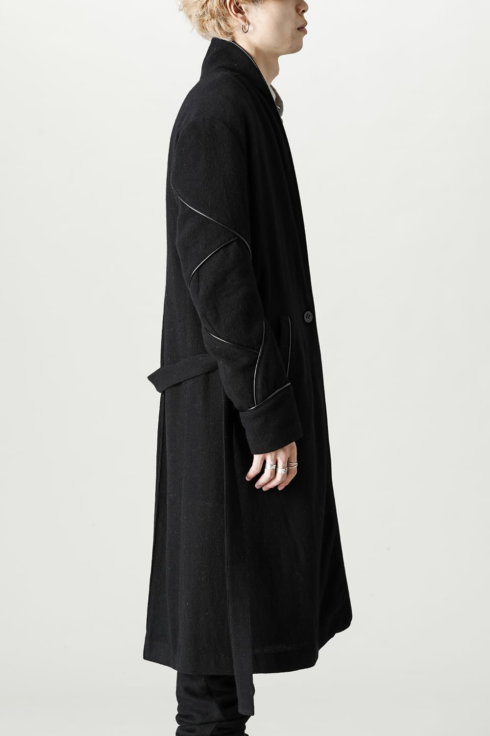 リネン×ラミー×ウールワッシャーロングガウンコート ソリッド ブラック