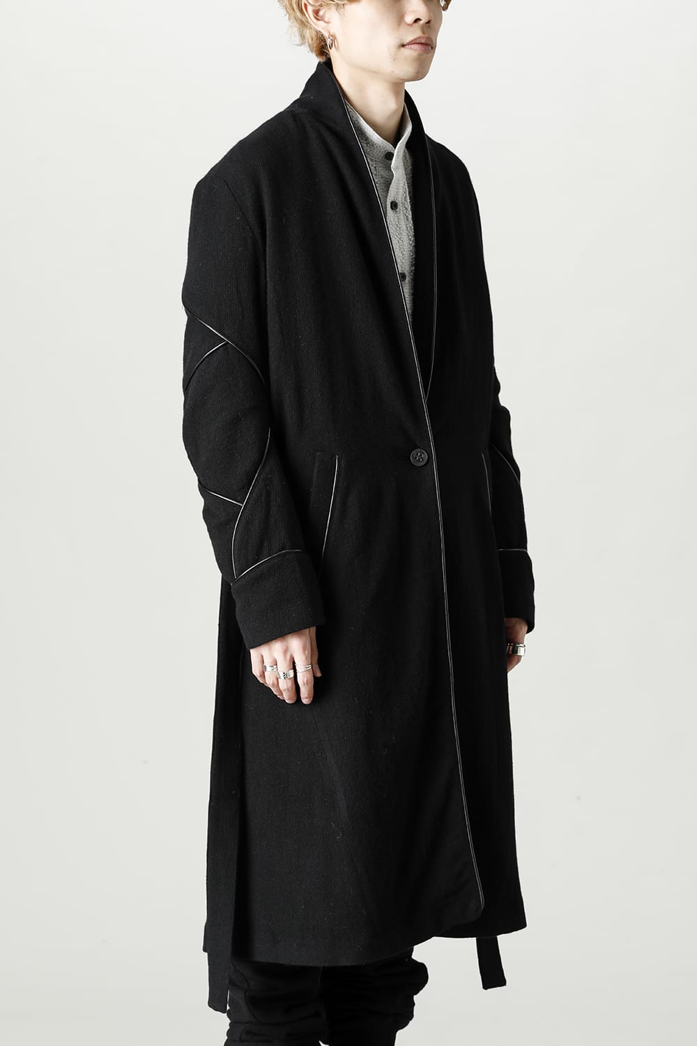 リネン×ラミー×ウールワッシャーロングガウンコート ソリッド ブラック