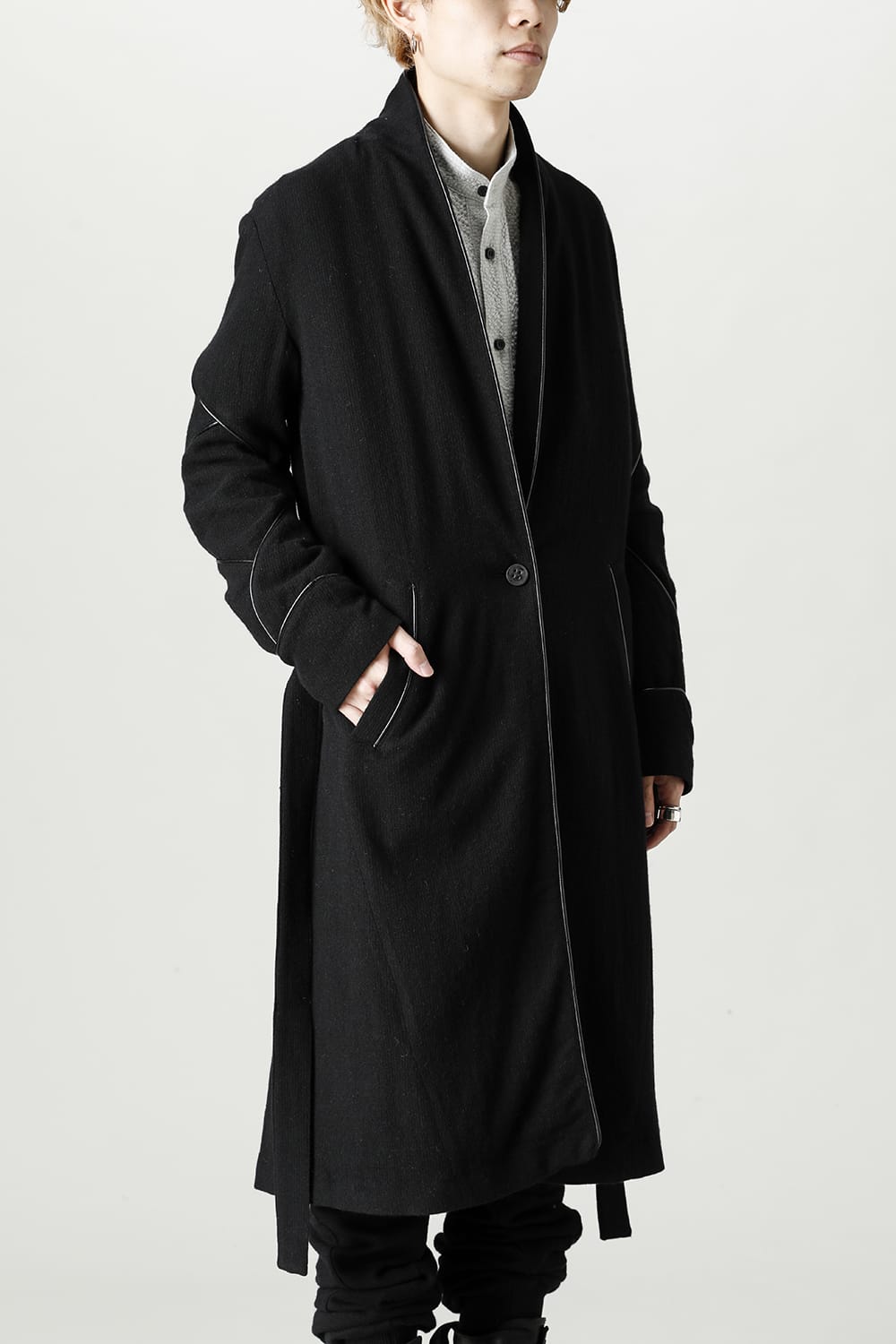 リネン×ラミー×ウールワッシャーロングガウンコート ソリッド ブラック