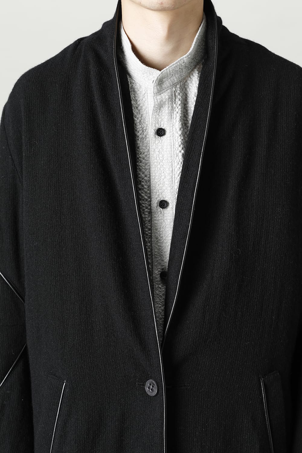 リネン×ラミー×ウールワッシャーロングガウンコート ソリッド ブラック