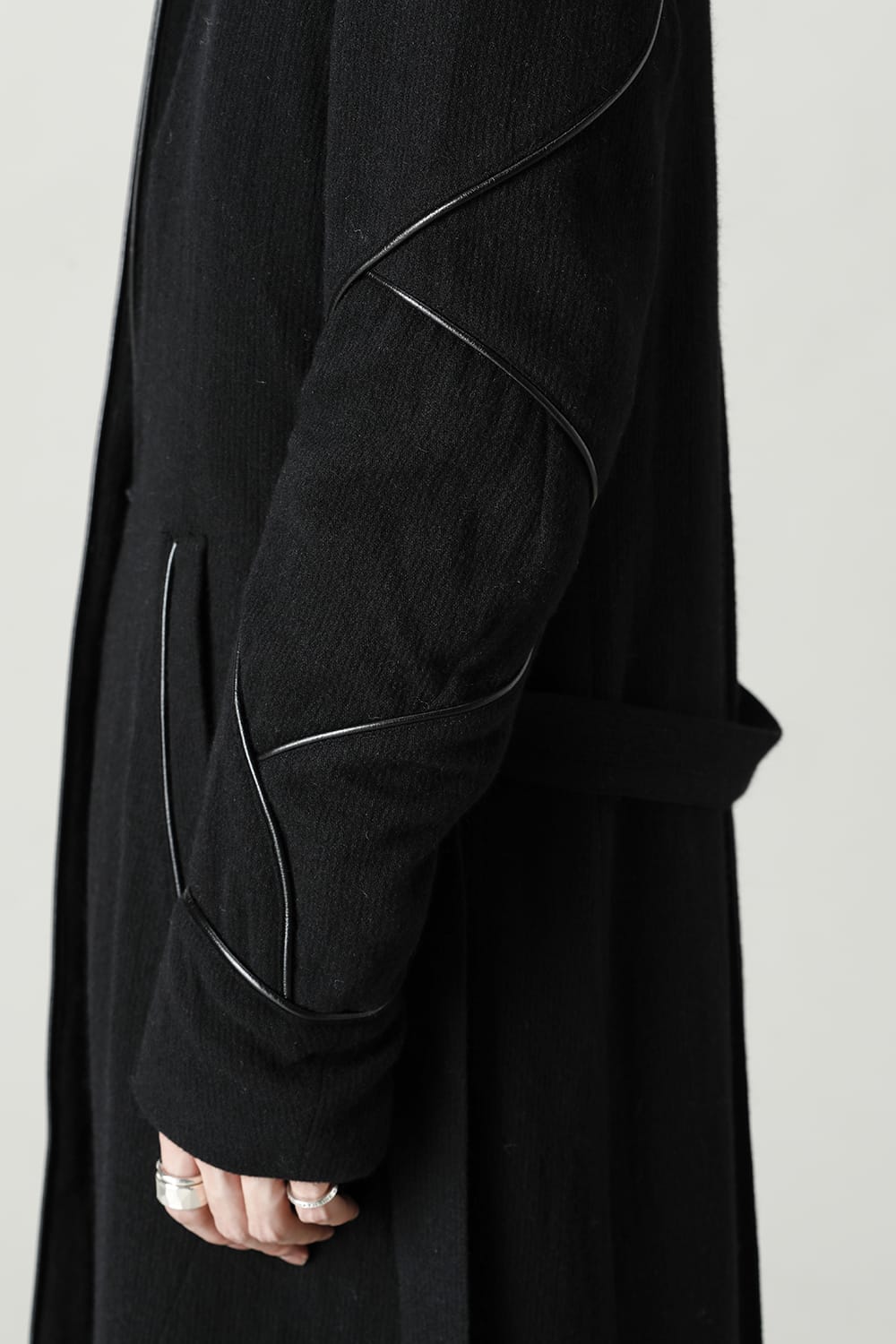 リネン×ラミー×ウールワッシャーロングガウンコート ソリッド ブラック