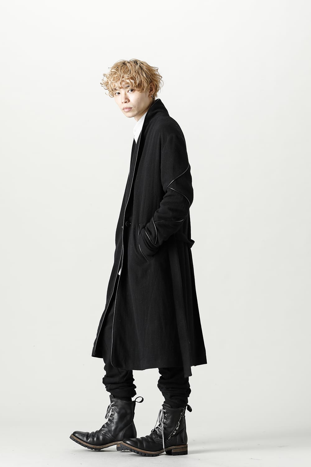 リネン×ラミー×ウールワッシャーロングガウンコート ソリッド ブラック