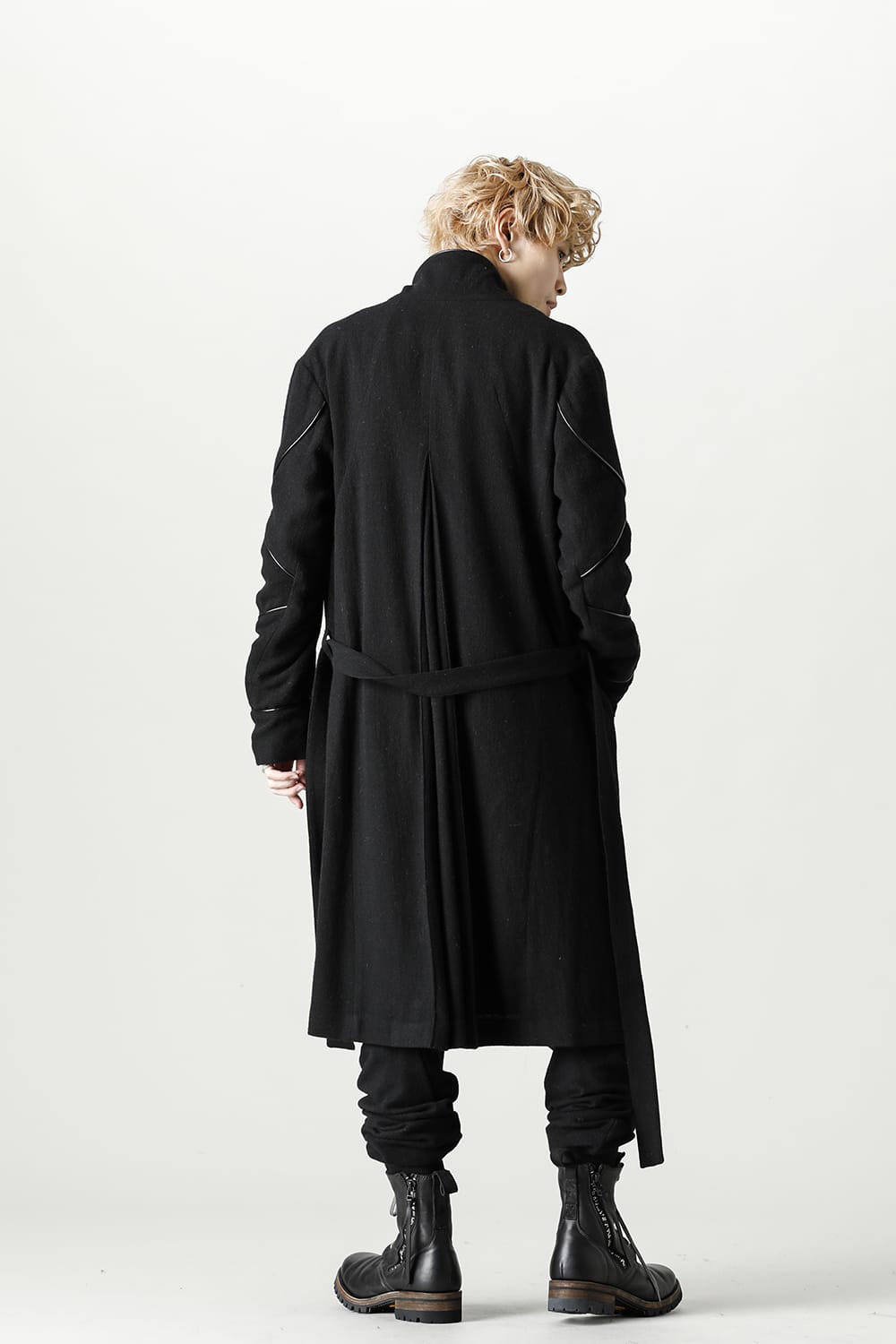 リネン×ラミー×ウールワッシャーロングガウンコート ソリッド ブラック