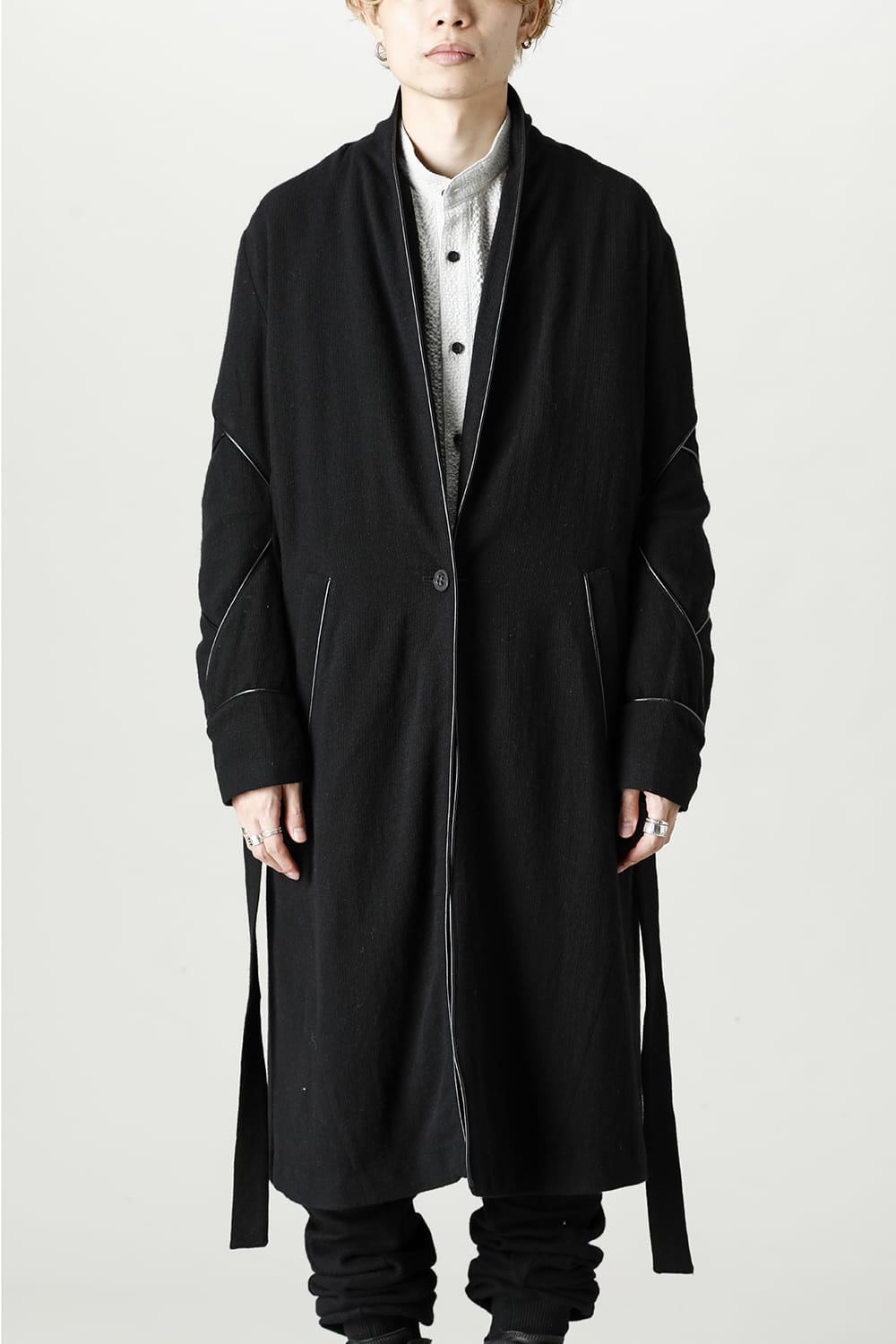 リネン×ラミー×ウールワッシャーロングガウンコート ソリッド ブラック