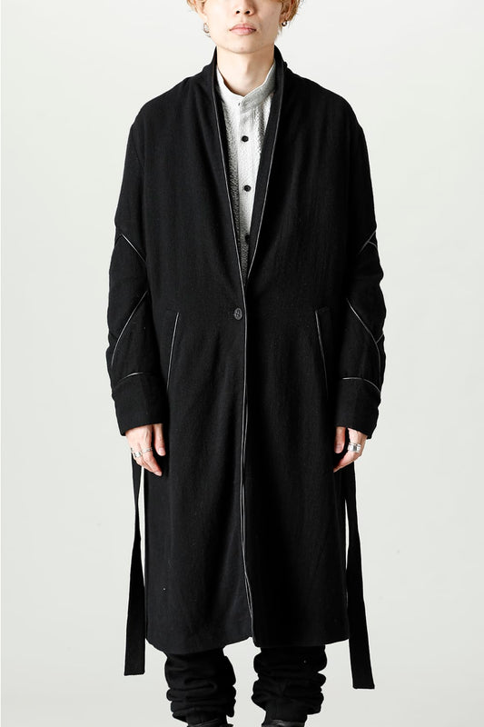 リネン×ラミー×ウールワッシャーロングガウンコート ソリッド ブラック