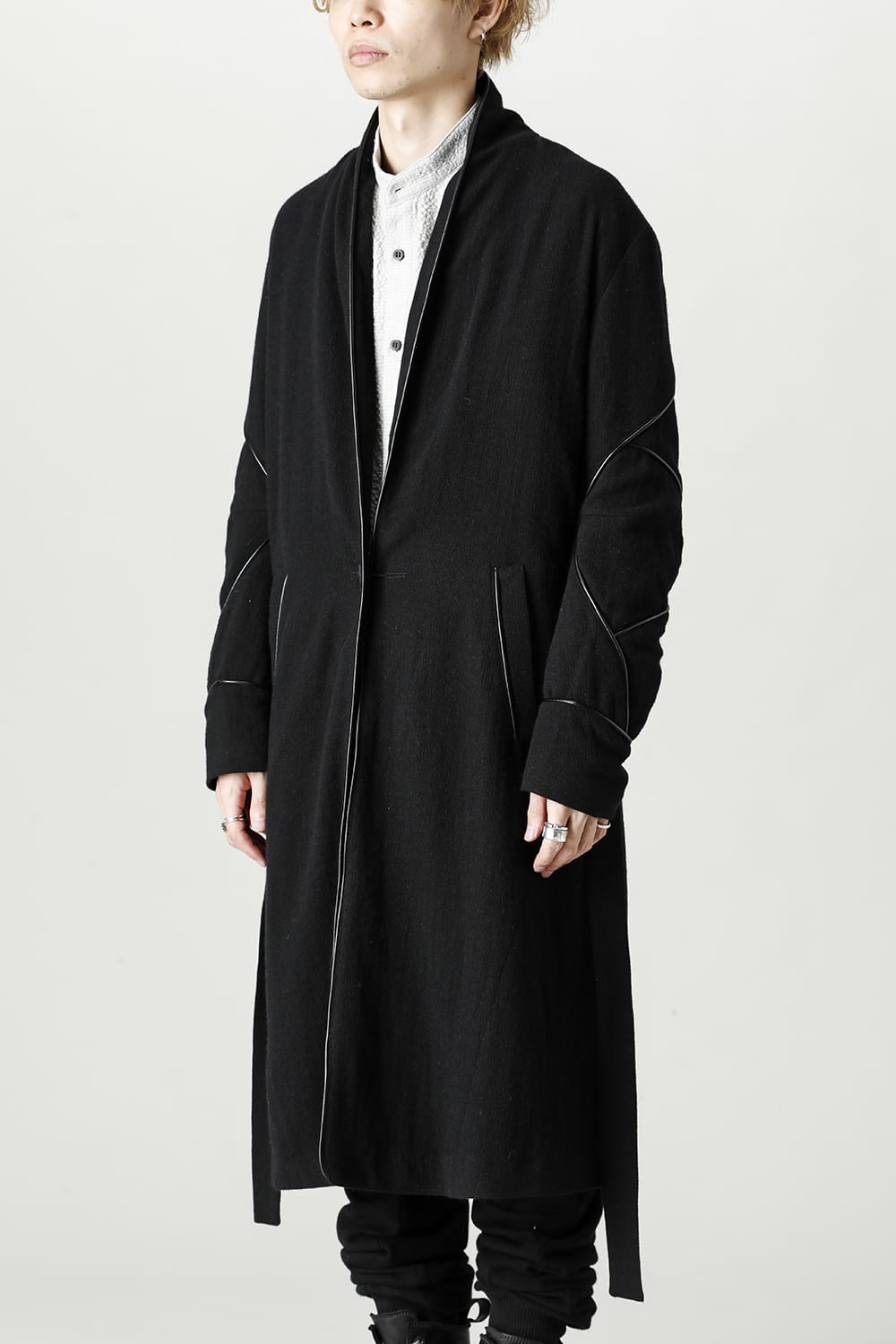 リネン×ラミー×ウールワッシャーロングガウンコート ソリッド ブラック