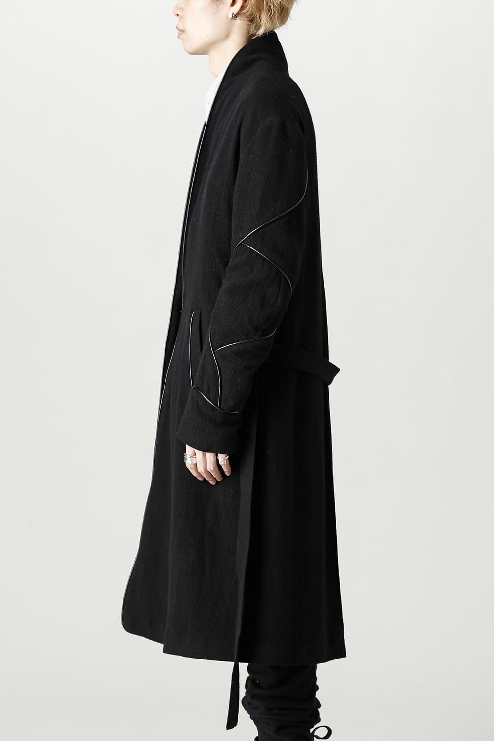 リネン×ラミー×ウールワッシャーロングガウンコート ソリッド ブラック