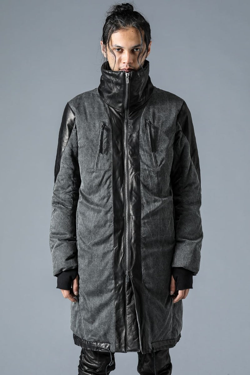 Horse Leather x Rayon Twill White Goose Down Coat  Charcoal