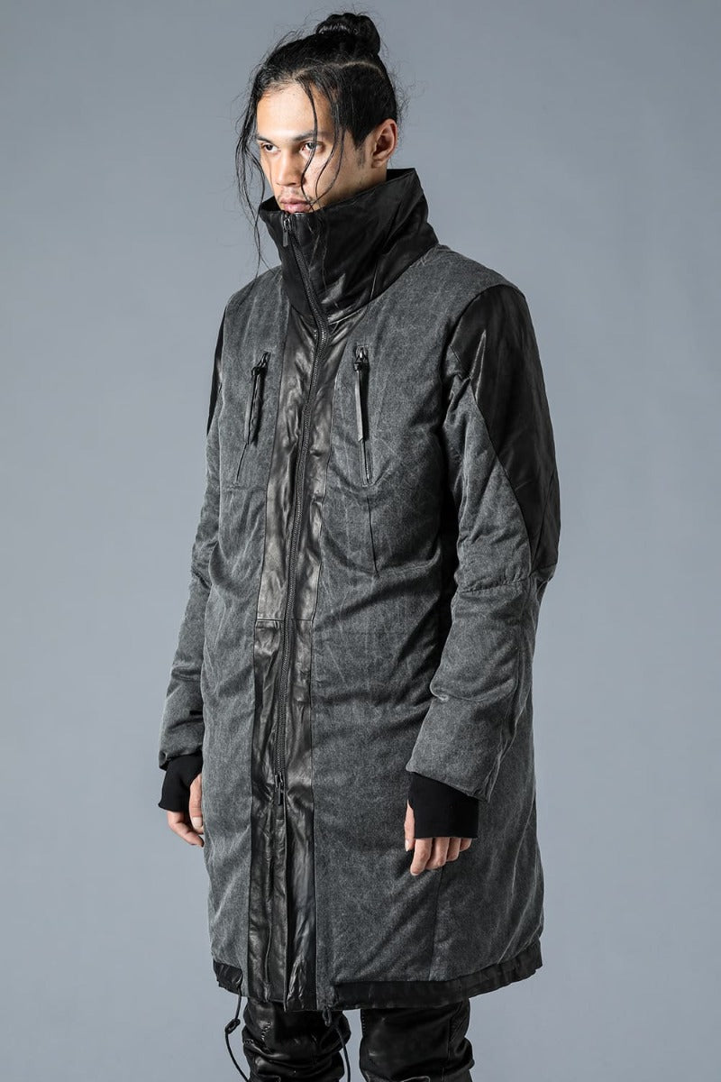 Horse Leather x Rayon Twill White Goose Down Coat  Charcoal