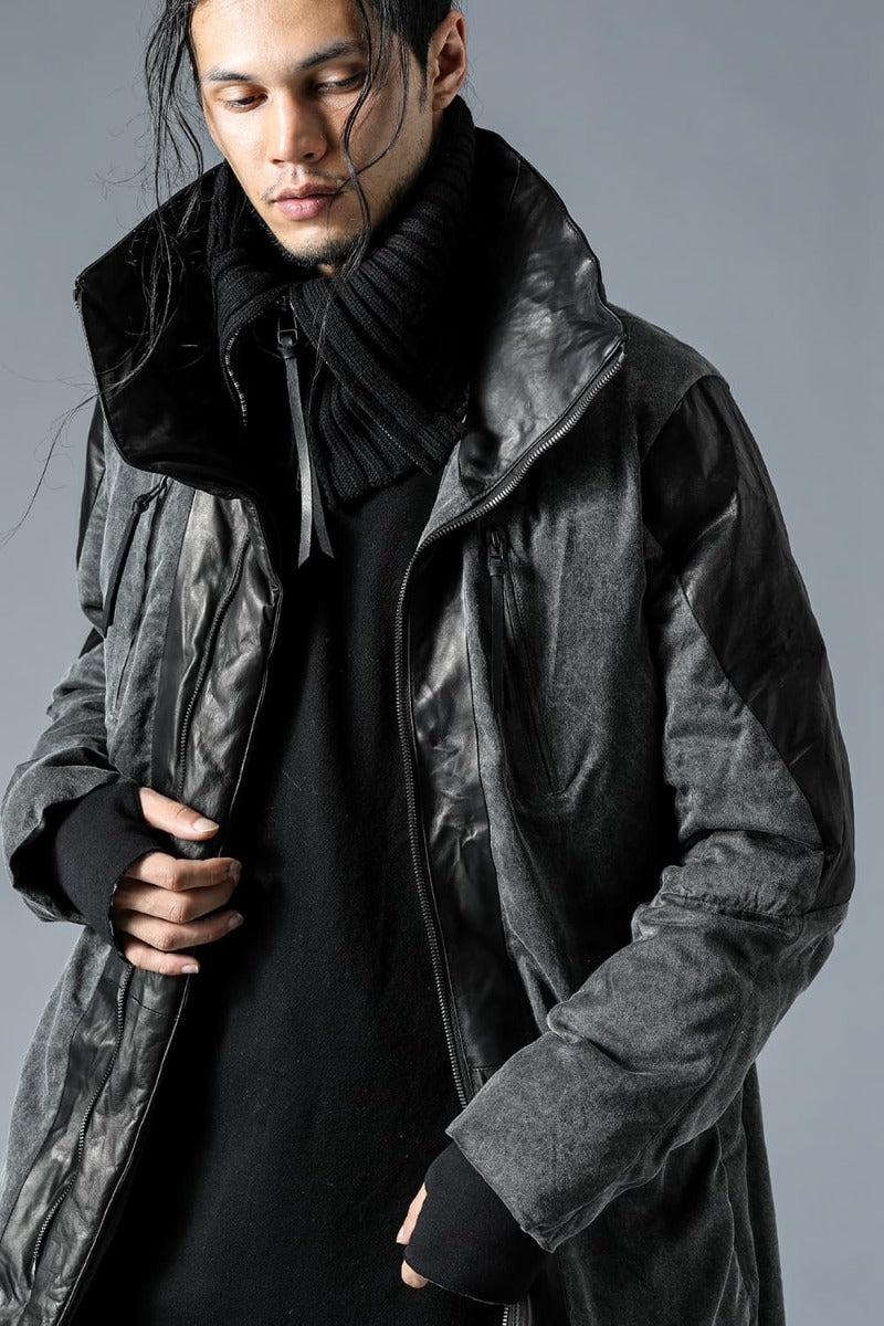 Horse Leather x Rayon Twill White Goose Down Coat  Charcoal