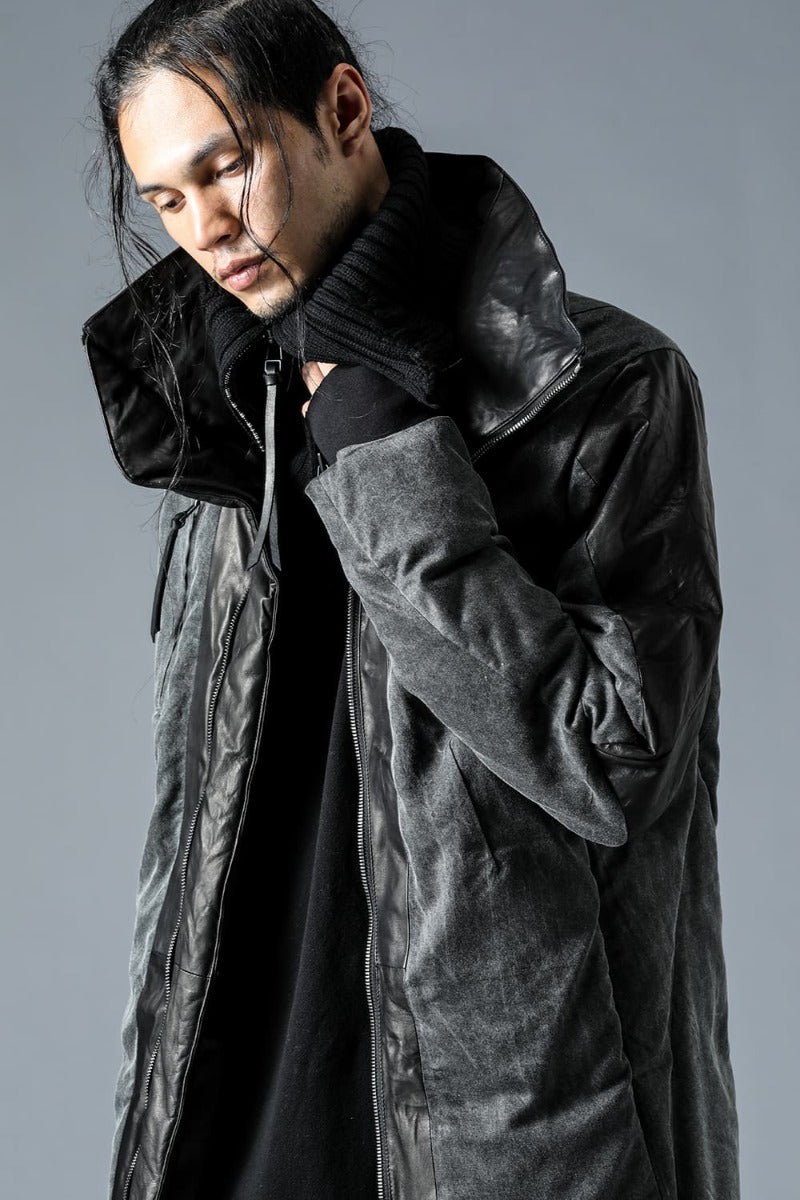 Horse Leather x Rayon Twill White Goose Down Coat  Charcoal
