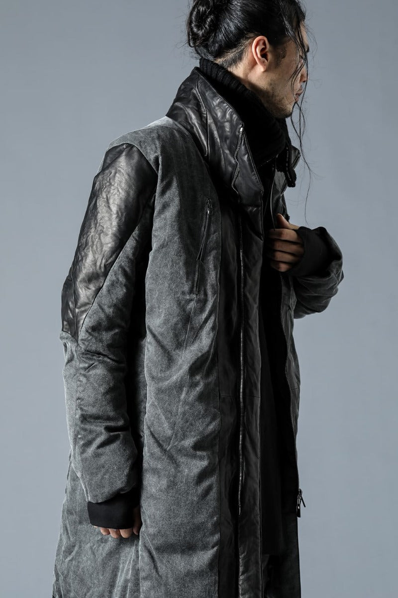 Horse Leather x Rayon Twill White Goose Down Coat  Charcoal