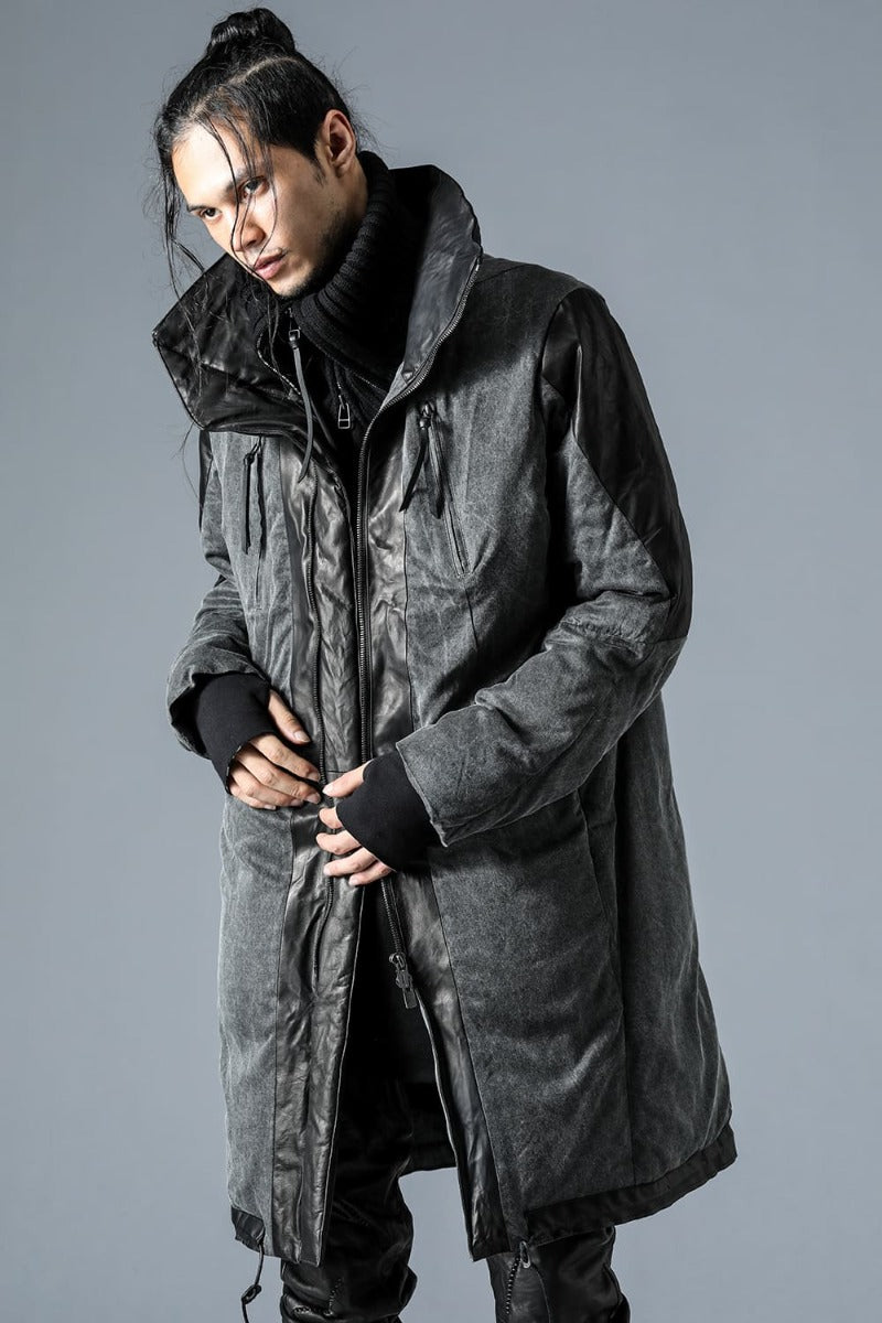 Horse Leather x Rayon Twill White Goose Down Coat  Charcoal