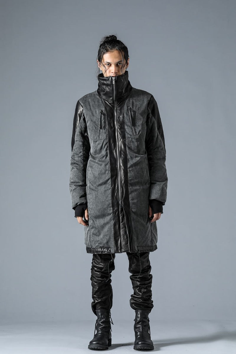 Horse Leather x Rayon Twill White Goose Down Coat  Charcoal