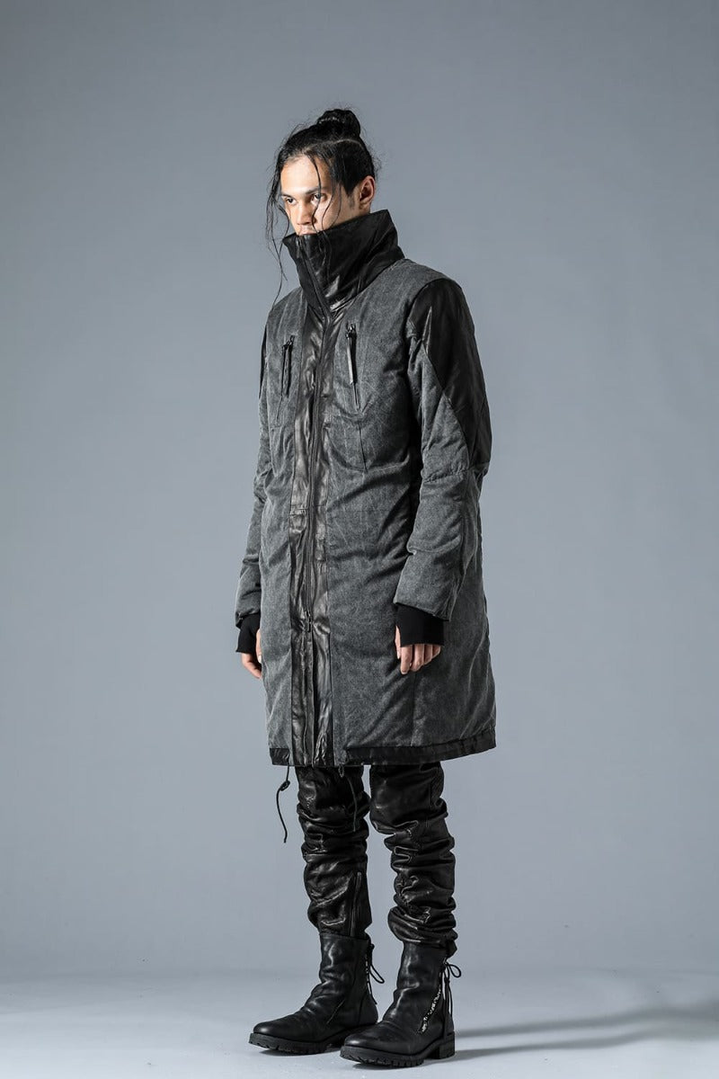 Horse Leather x Rayon Twill White Goose Down Coat  Charcoal