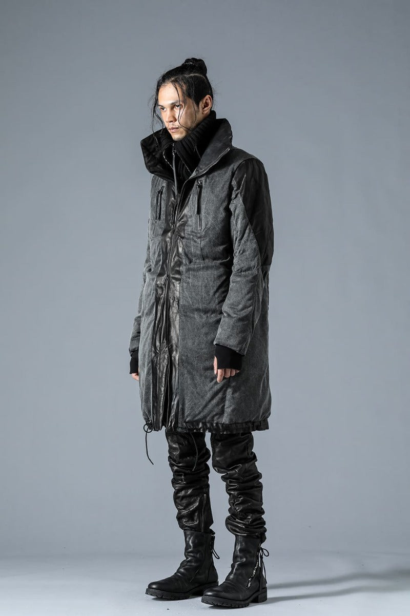 Horse Leather x Rayon Twill White Goose Down Coat  Charcoal