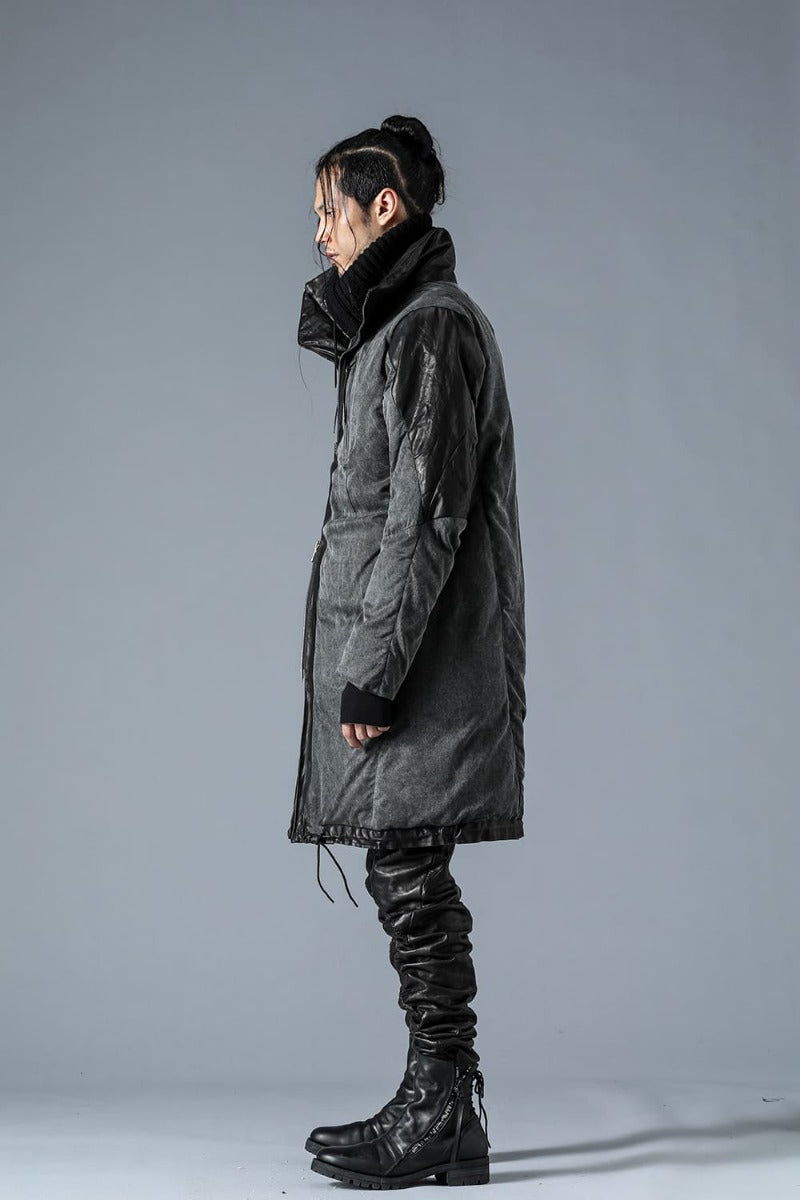 Horse Leather x Rayon Twill White Goose Down Coat  Charcoal