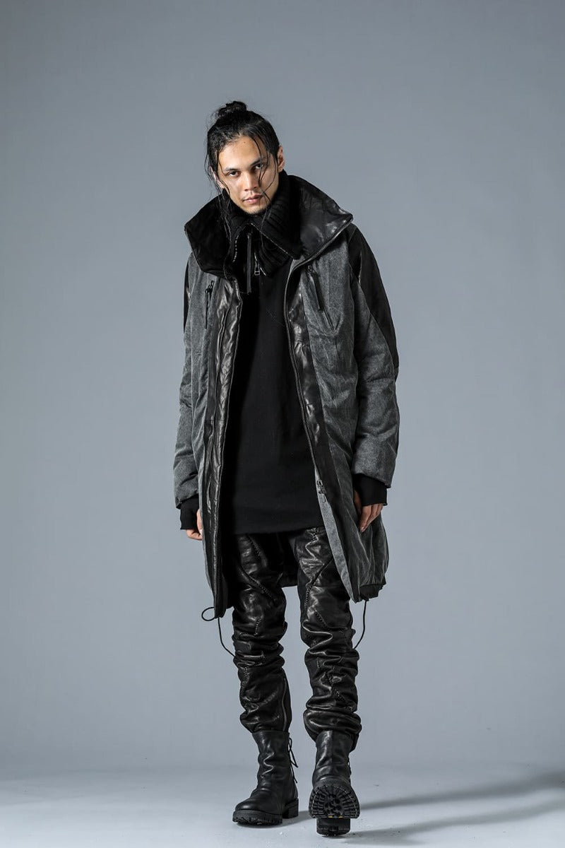 Horse Leather x Rayon Twill White Goose Down Coat  Charcoal