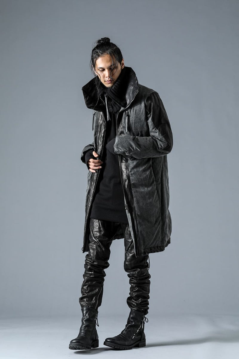 Horse Leather x Rayon Twill White Goose Down Coat  Charcoal