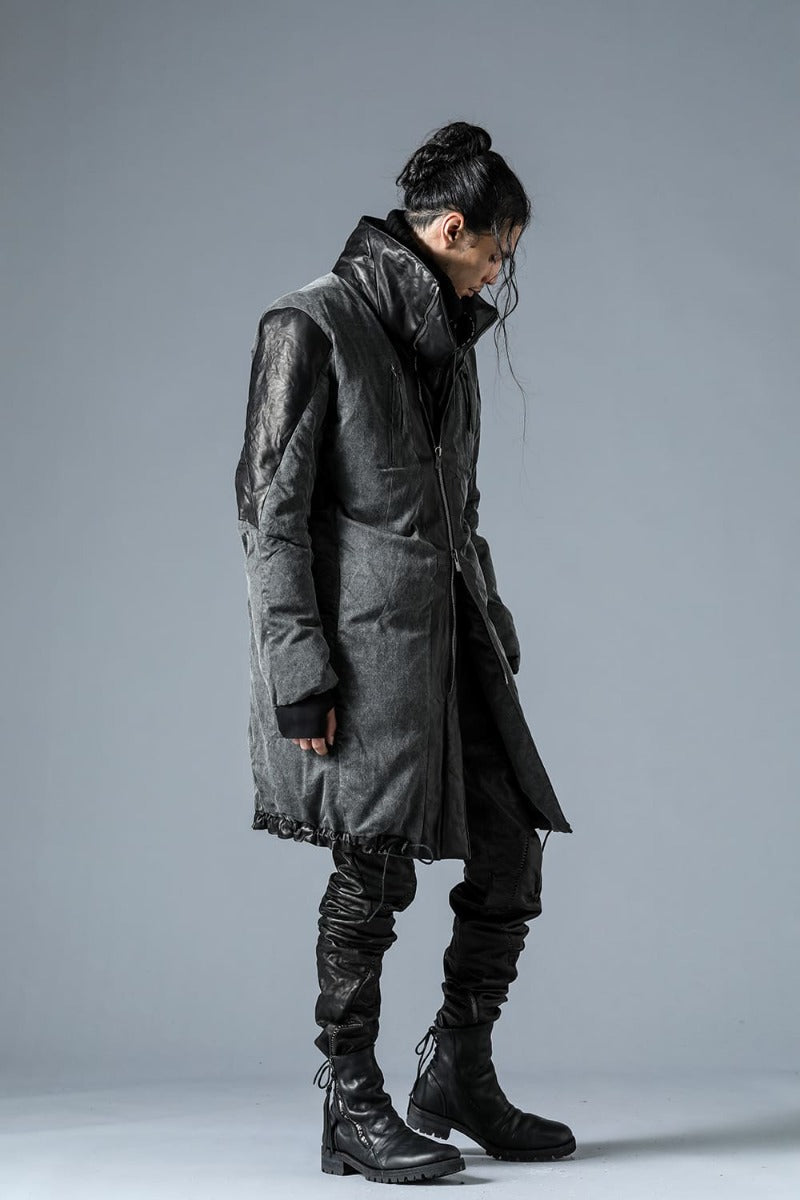Horse Leather x Rayon Twill White Goose Down Coat  Charcoal