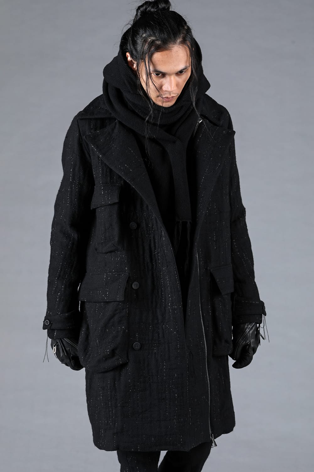 Double Woven Crushed Jacquard Double Breasted Coat